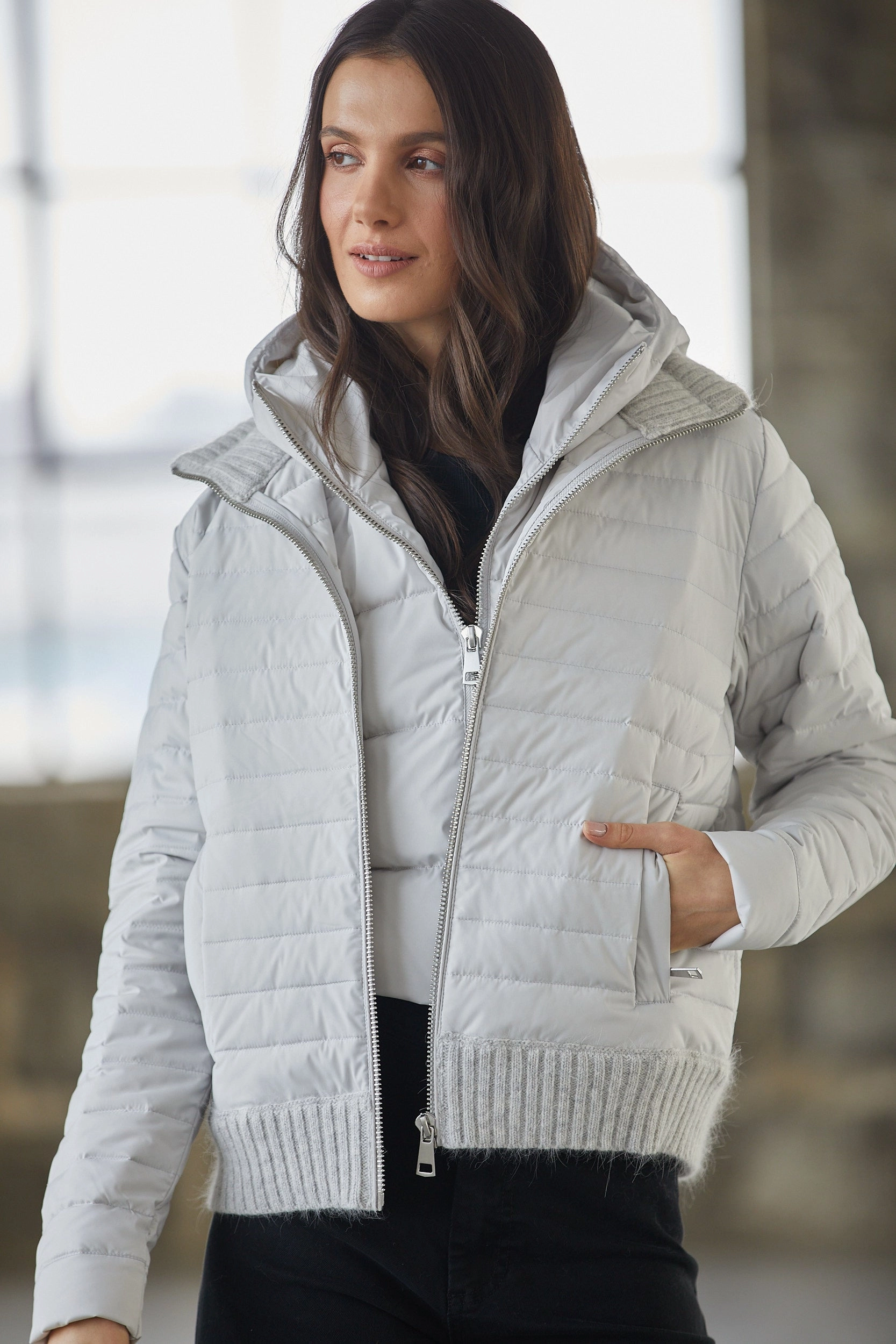 Outer Chill Piece Lulu Lightweight Quilted Down Jacket With Knit Trim - Cloud