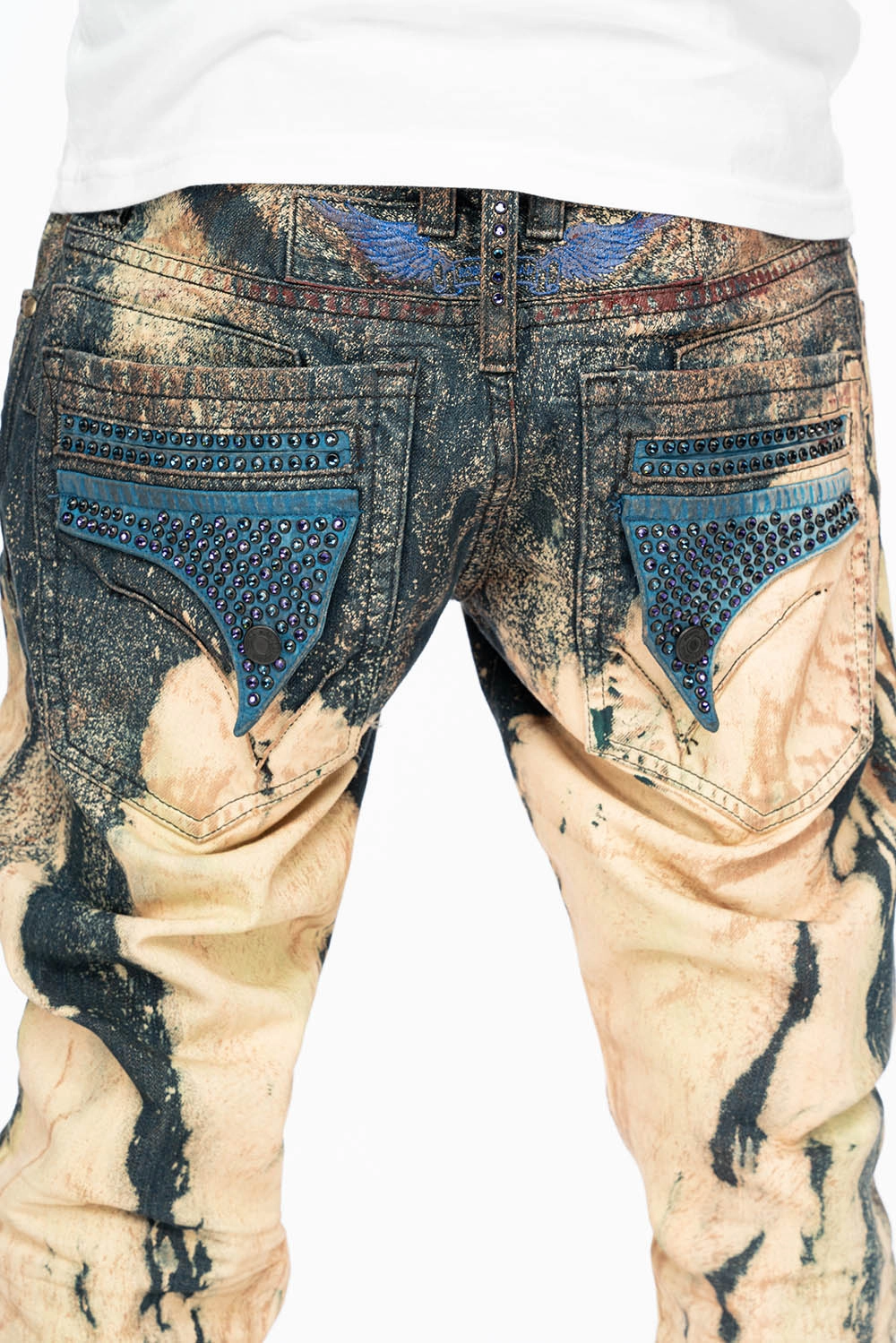 MENS  FLAP POCKET SKINNY JEANS IN GRAFFITI WASH WITH CRYSTALS Morning Stroll Evening Stroll Trend Setter Sunny Vibes Vibrant Relaxed Style