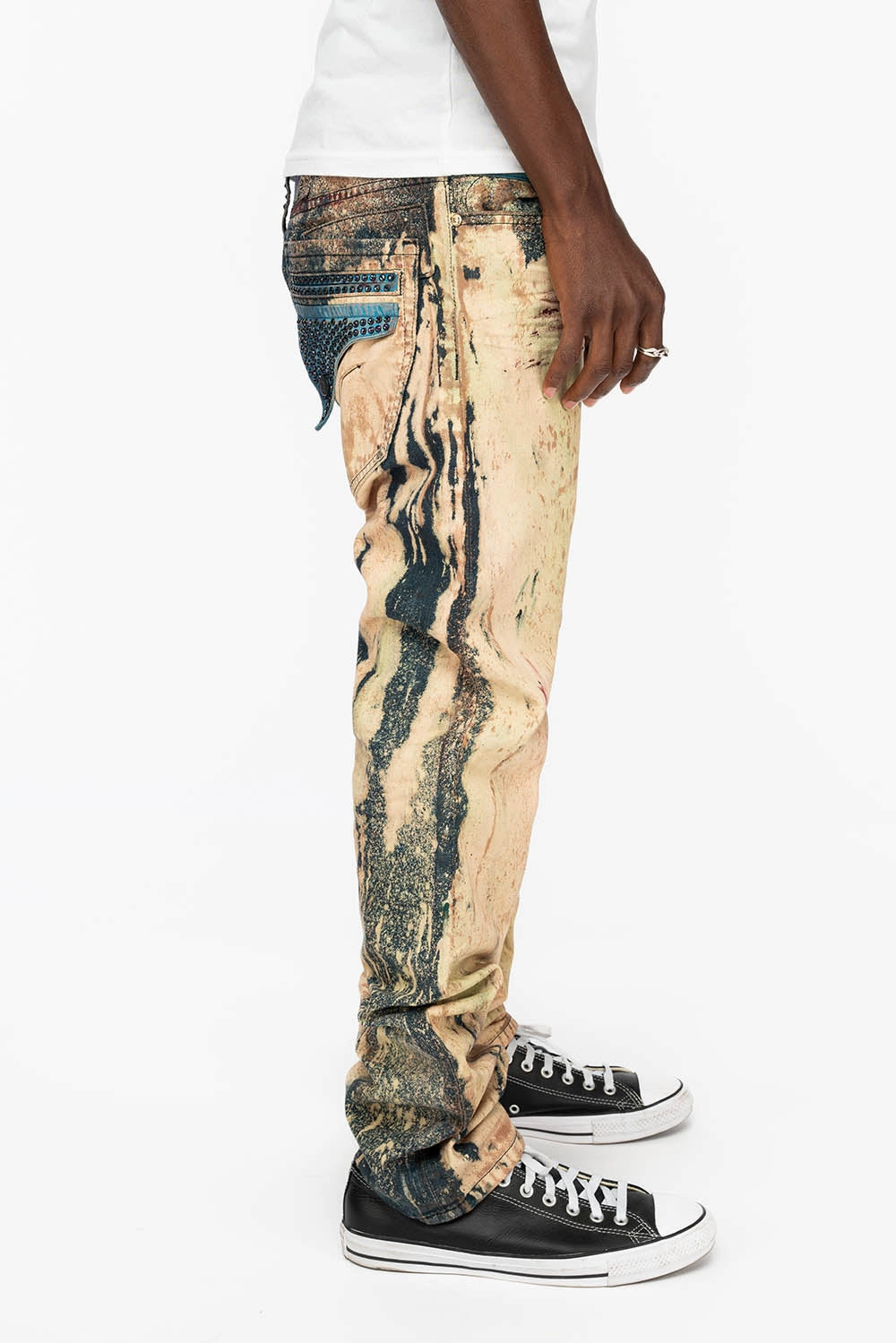 MENS  FLAP POCKET SKINNY JEANS IN GRAFFITI WASH WITH CRYSTALS comfortable length