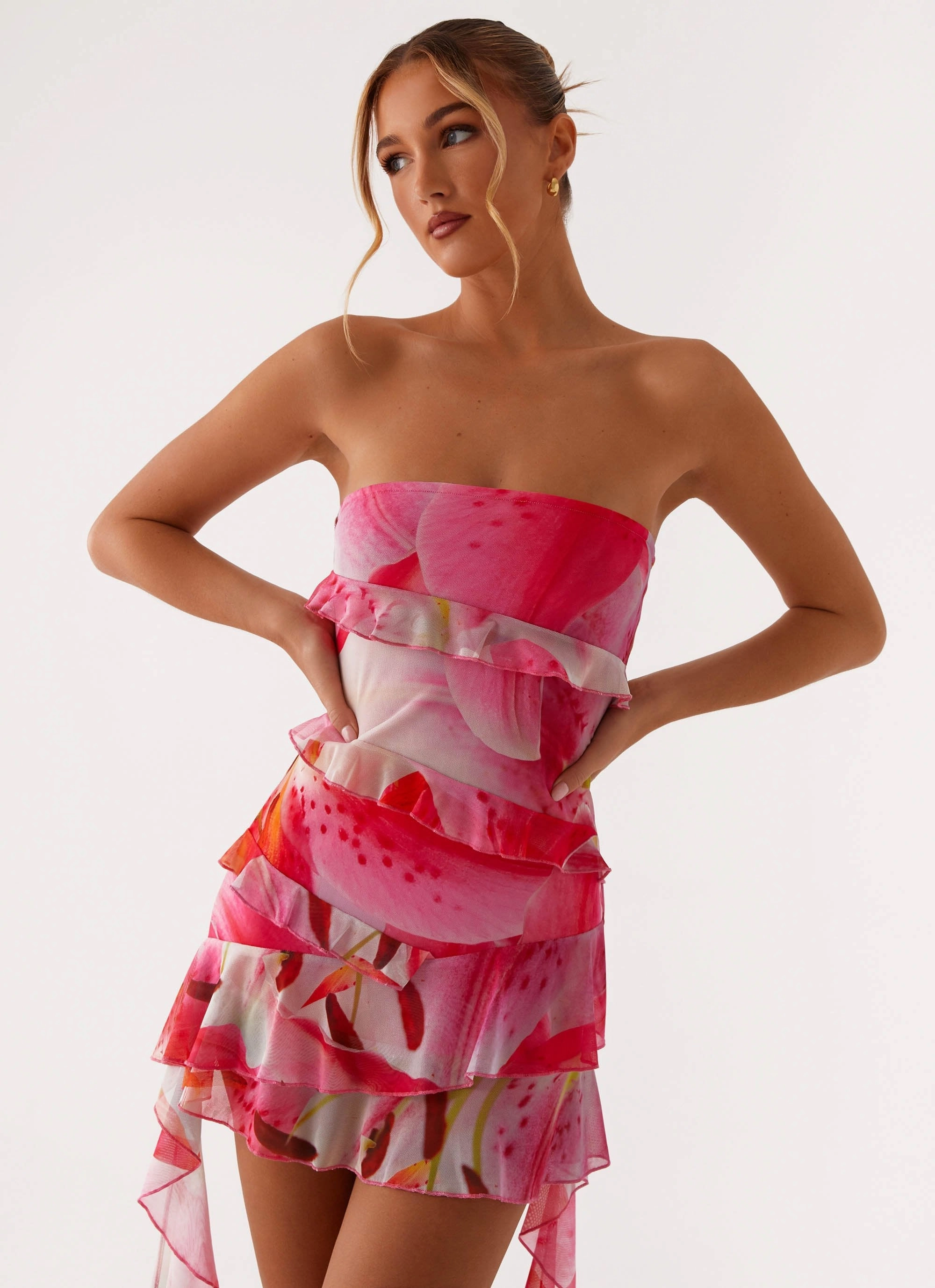 Macey Mini Dress - White Pink Lilly Bright Colors Cool Season