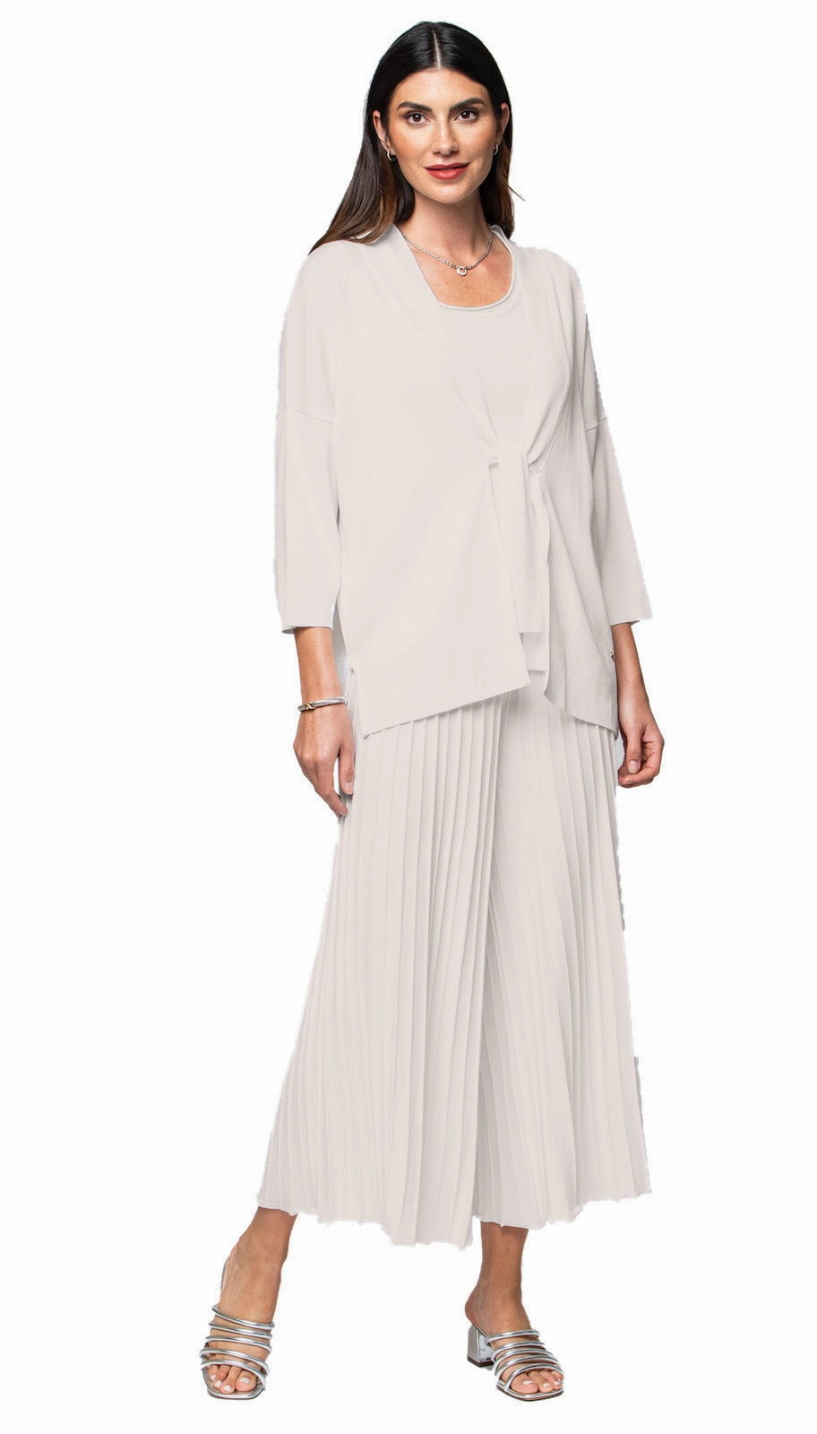 Malia Three-Quarter Sleeved Front-Tie Cardigan; Beige Luxury Comfort Knit Layers