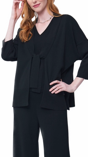 Relaxed Wear Comfort Flex Fit Malia Three-Quarter Sleeved Front-Tie Cardigan; Black