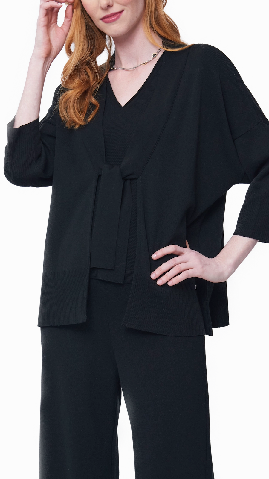 Breathable Comfort Tagless Labeling Malia Three-Quarter Sleeved Front-Tie Cardigan; Black