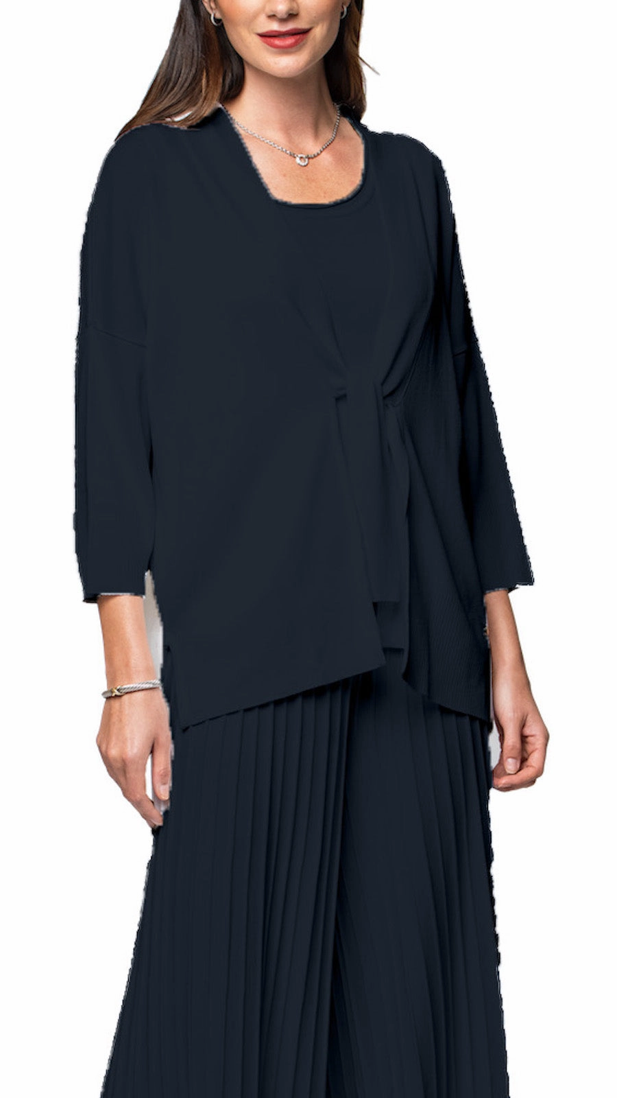 Softened Edges Malia Three-Quarter Sleeved Front-Tie Cardigan; Dark Navy