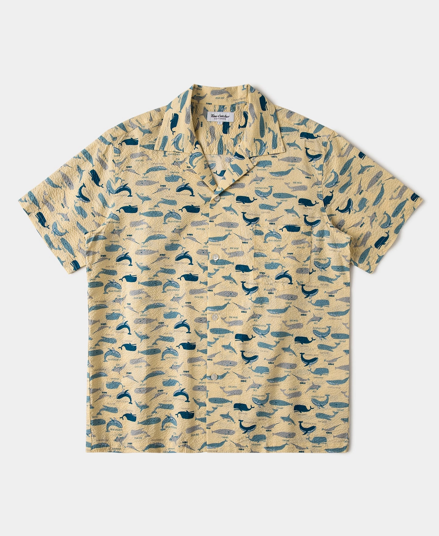 Day-To-Night Wear Thermal Regulation Fabric Marine Life Printed Seersucker Short Sleeve Camp Shirt - Light Yellow