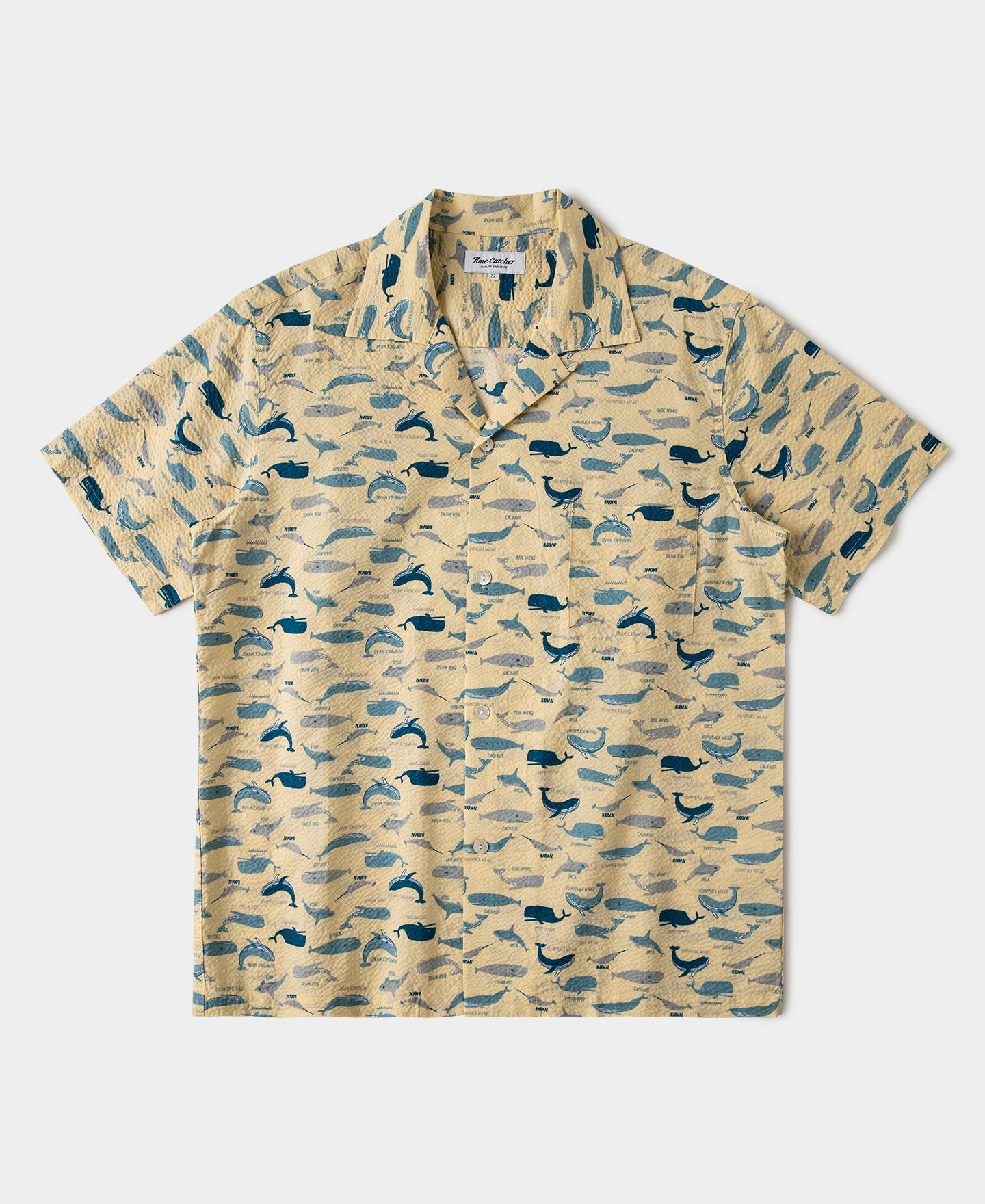 Youthful Style Everyday Wear Marine Life Printed Seersucker Short Sleeve Camp Shirt - Light Yellow