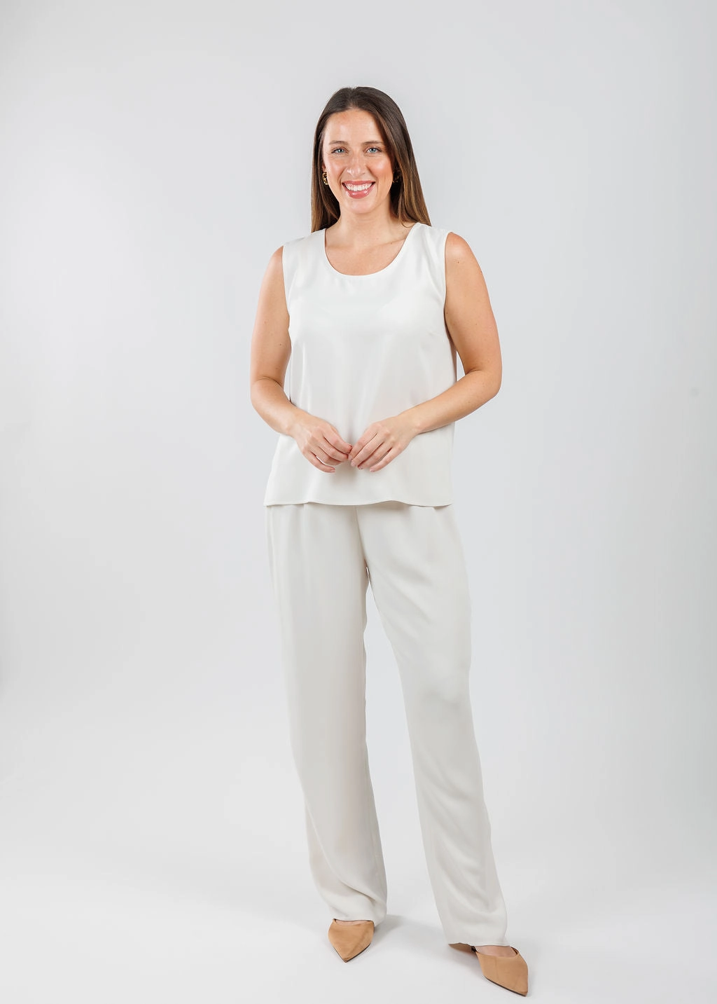 Eco Friendly Dyeing StretchMaterial Matte Crepe Straight Leg Pants - Ivory