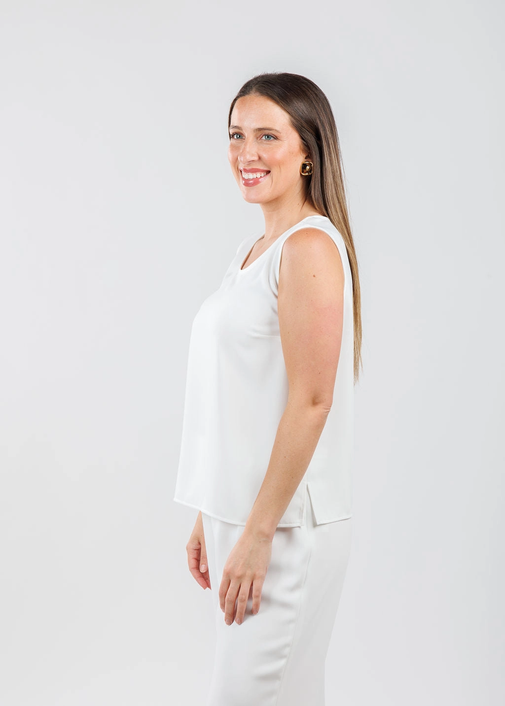 Matte Crepe Suzette Basic Tank - White Neutral Colors