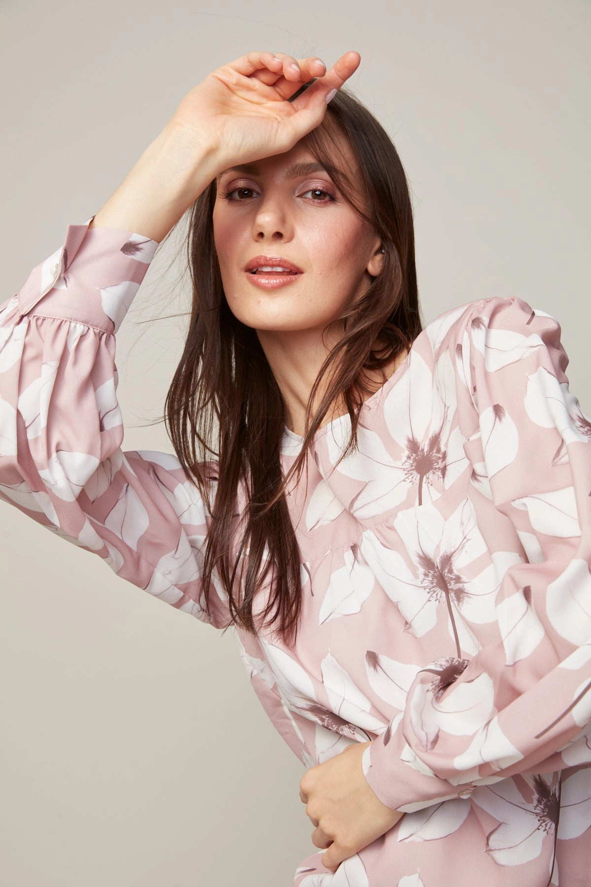 Fall Fashion Chambray Fabric Bree Popover Blouse With Shirring Detail - Floral Rose