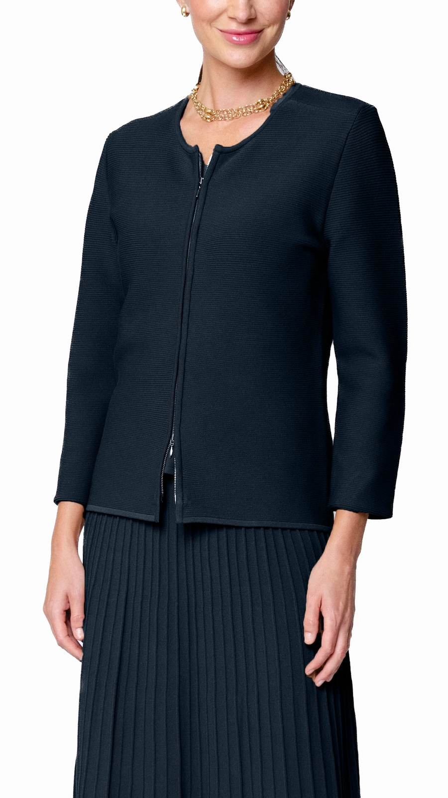 Faux Fur Collar Meg Ripple-Knit Jacket - Navy