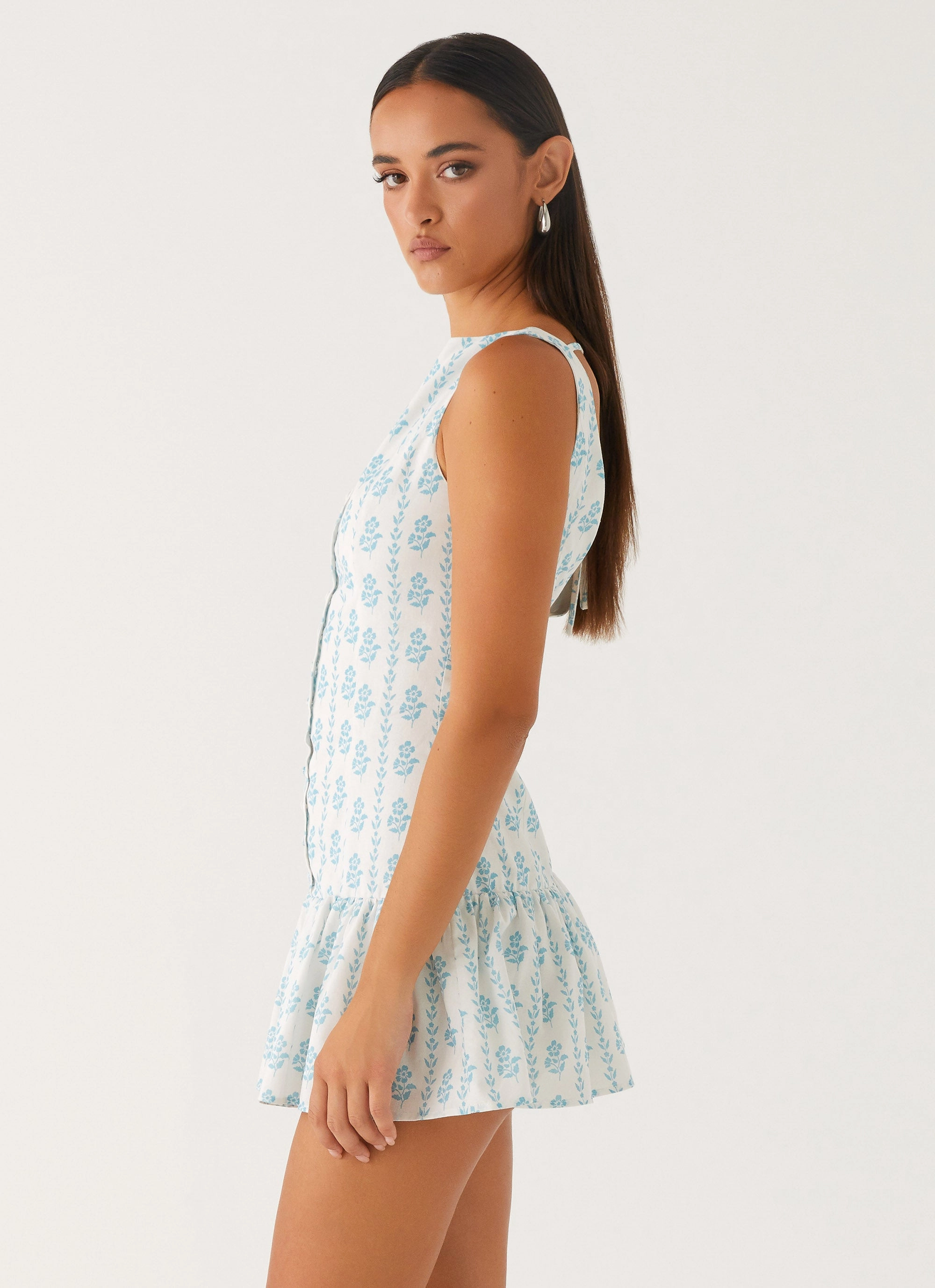Sleek Silhouette Empire Waist Meggie Linen Mini Dress - Sweet Daydream Print