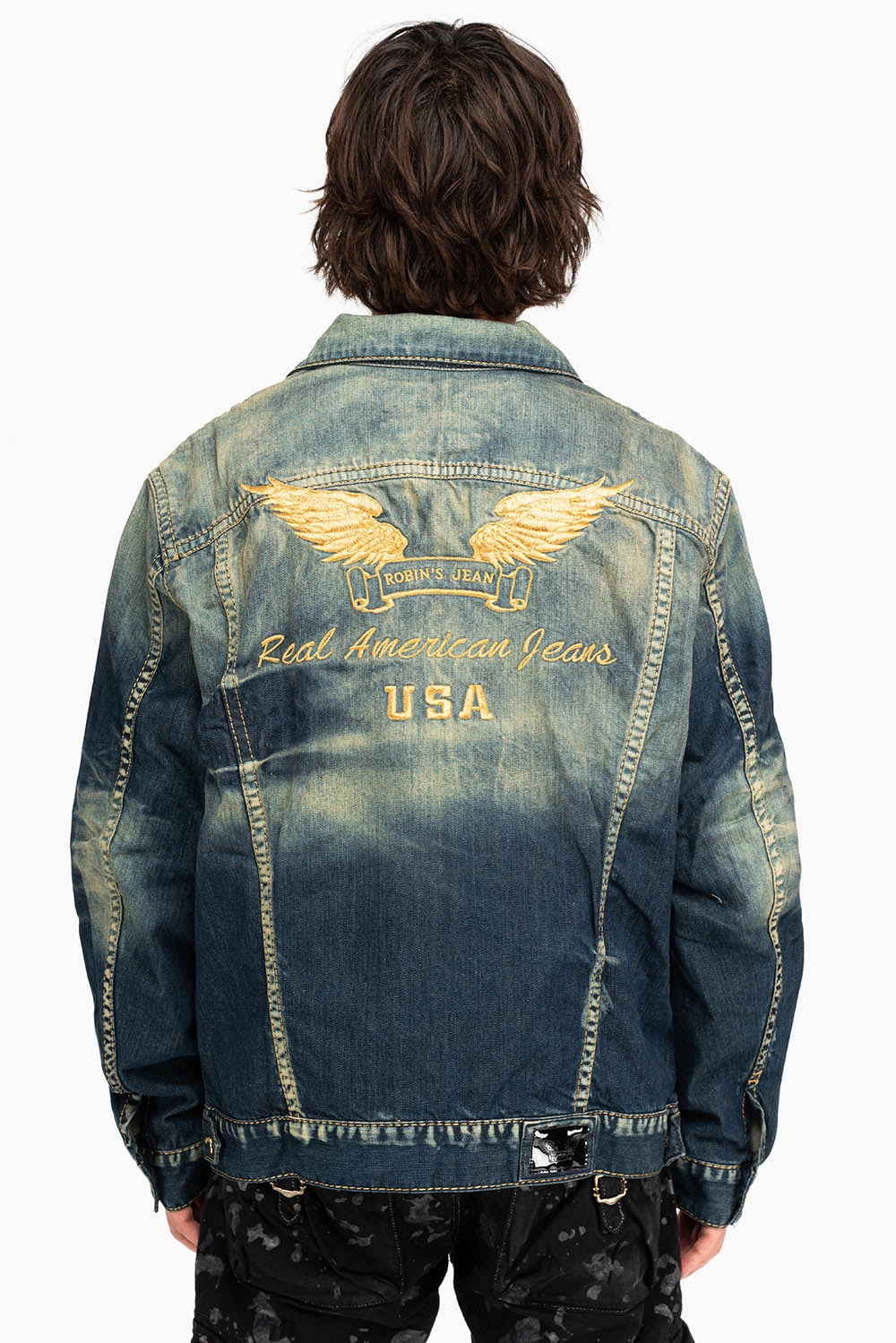 Adjustable Cuff System Outdoor Style Staple MENS DENIM JACKET IN ALBANY DARK WITH GOLD STITCHING AND WINGS
