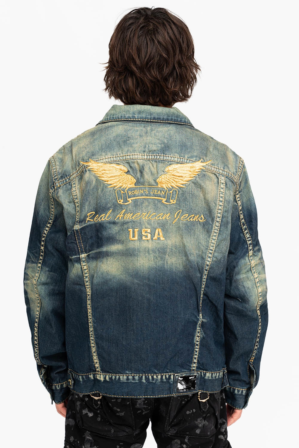 Minimal Aesthetic Stretchable Fabric MENS DENIM JACKET IN ALBANY DARK WITH GOLD STITCHING AND WINGS