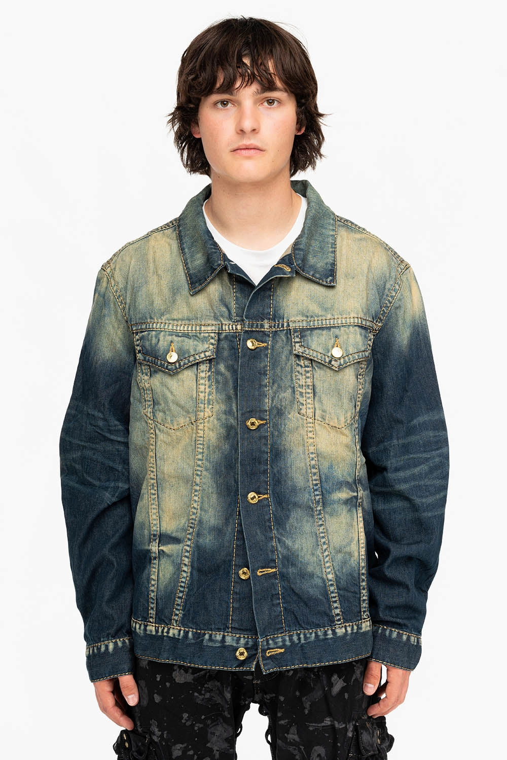 Ergonomic Drape MENS DENIM JACKET IN ALBANY DARK WITH GOLD STITCHING AND WINGS