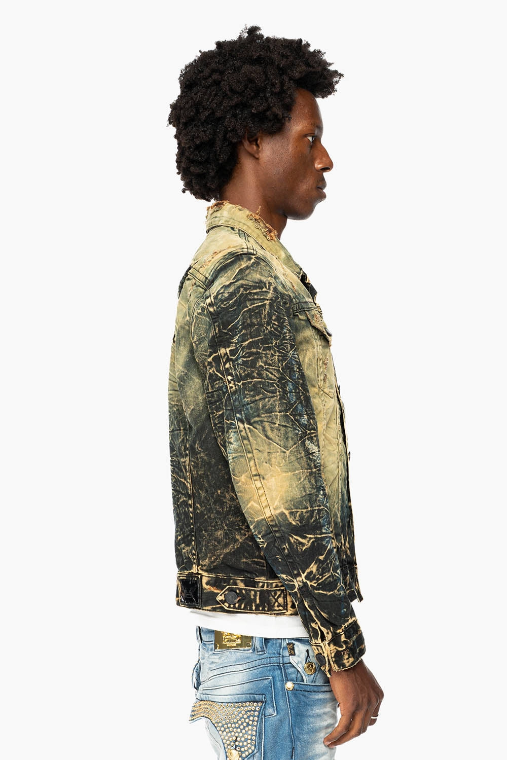 MENS DENIM JACKET IN LIGHT YELLOW 4D DARK PERU  WASH WITH BLACK WINGS All Season Compatibility