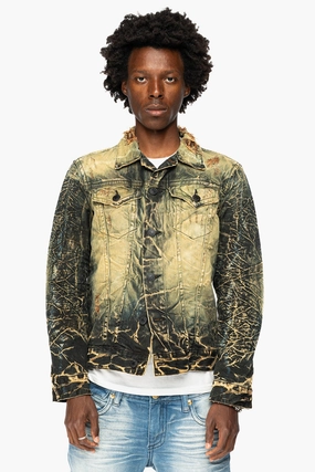MENS DENIM JACKET IN LIGHT YELLOW 4D DARK PERU  WASH WITH BLACK WINGS FullLengthZip Modular Attachment System