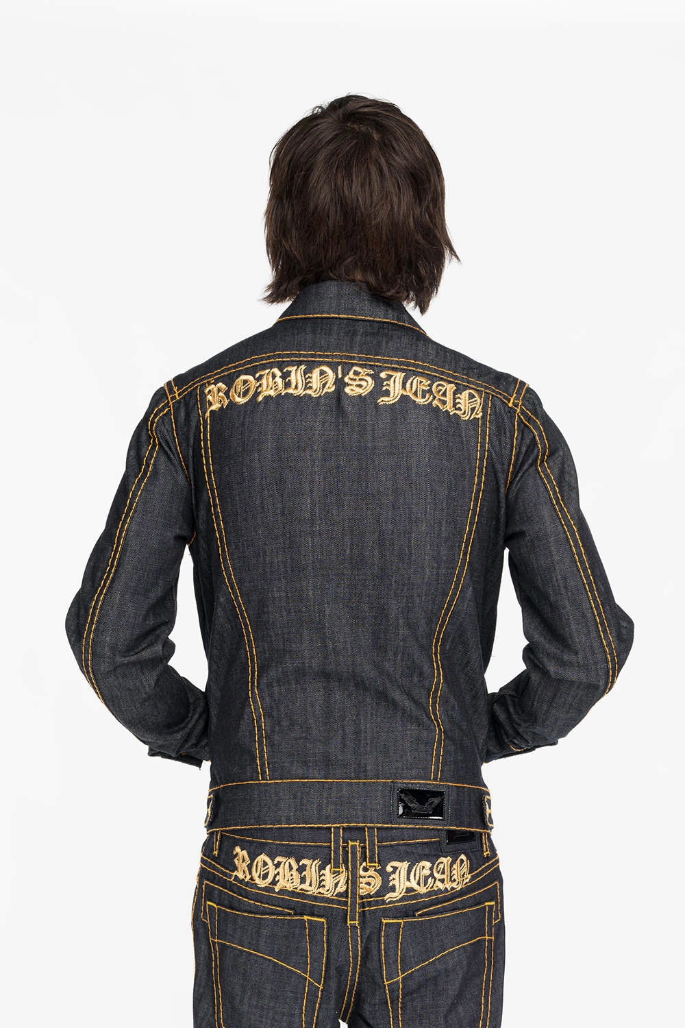 Lightweight Layer MENS DENIM JACKET IN RAW DENIM WITH HEAVY ORANGE STITCHING AND EMBROIDERED O.E. SCRIPT