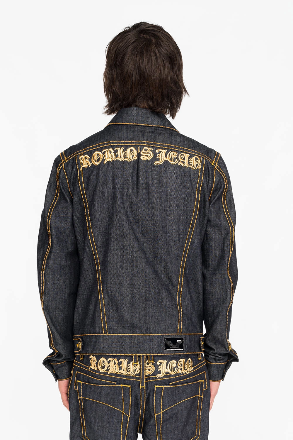MENS DENIM JACKET IN RAW DENIM WITH HEAVY ORANGE STITCHING AND EMBROIDERED O.E. SCRIPT Wind Protection City Commuter