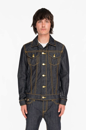 MENS DENIM JACKET IN RAW DENIM WITH HEAVY ORANGE STITCHING AND EMBROIDERED O.E. SCRIPT Hypoallergenic Padding
