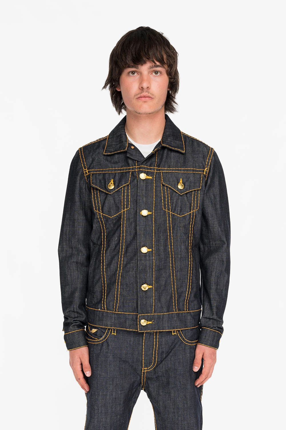 MENS DENIM JACKET IN RAW DENIM WITH HEAVY ORANGE STITCHING AND EMBROIDERED O.E. SCRIPT Moisture Wicking Finish Low Maintenance Fabric