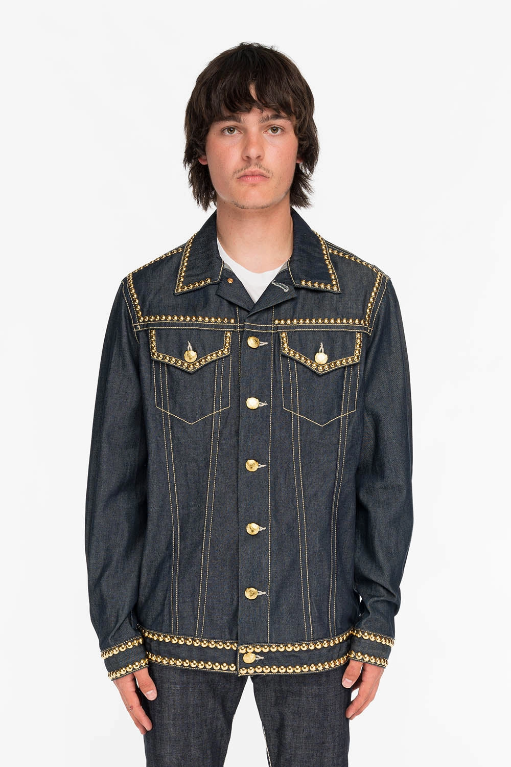RubberizedButtonClosures Affordable Fashion MENS DENIM JACKET IN RAW DENIM WITH HEAVY ORANGE STITCHING EMBROIDERY AND CRYSTALS
