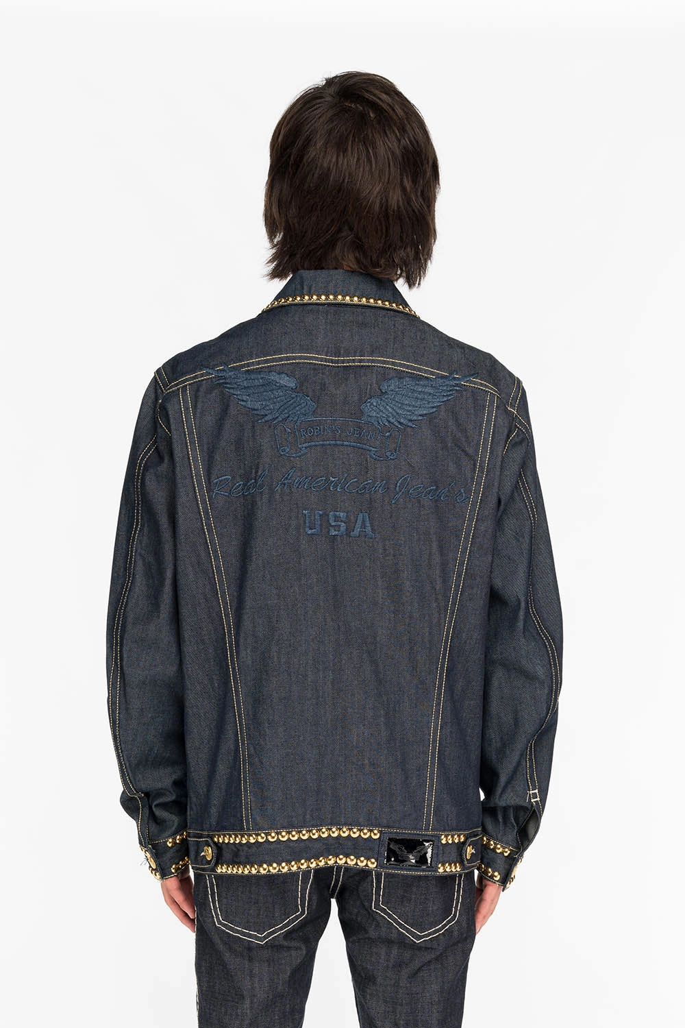 MENS DENIM JACKET IN RAW DENIM WITH HEAVY ORANGE STITCHING EMBROIDERY AND CRYSTALS Light Travel Piece Zip Pockets