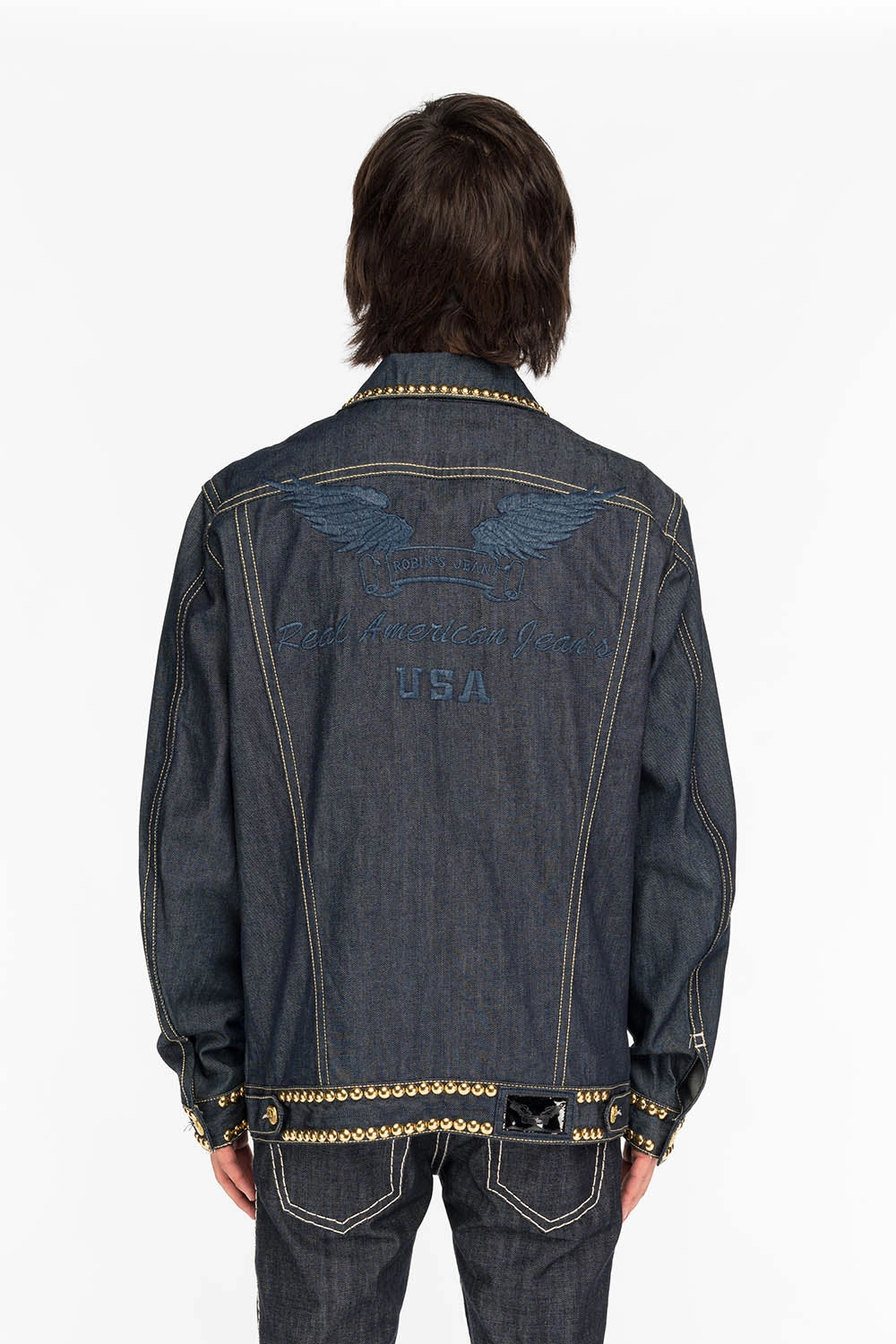 MENS DENIM JACKET IN RAW DENIM WITH HEAVY ORANGE STITCHING EMBROIDERY AND CRYSTALS Advanced Wickability System