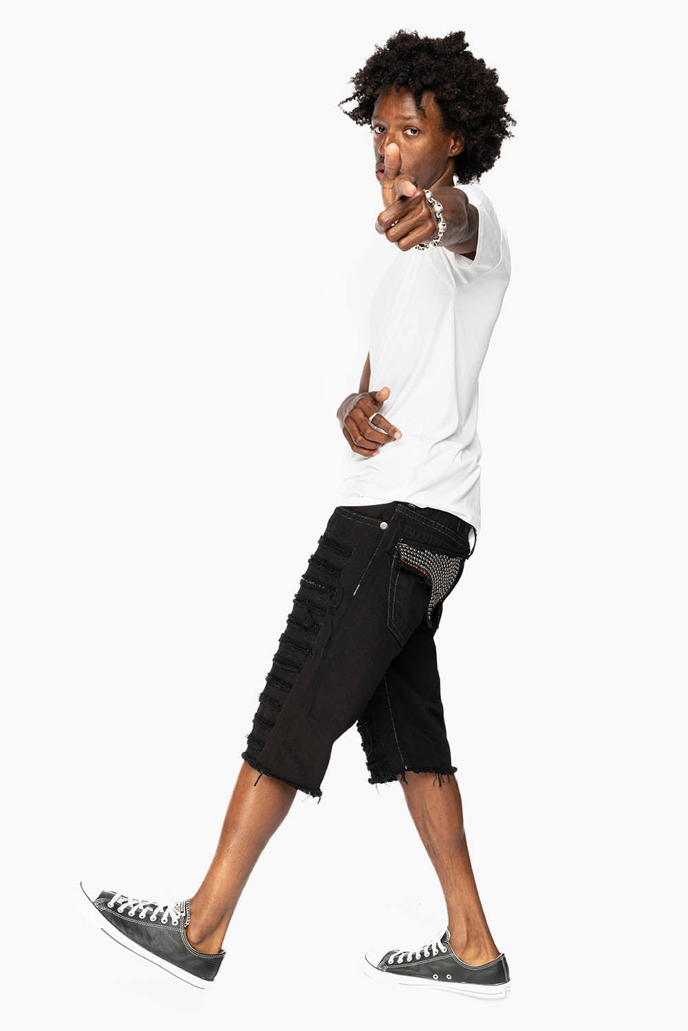 MENS LIMITED EDITION DESTROYED SHORTS WITH FLAP POCKET IN PURE BLACK WASH WITH  CRYSTALS Neutral Base Travel Outfit Evening Stroll Minimalist