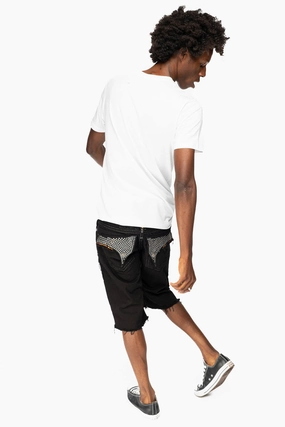 Streetwear Fan Night Out Work Ready Neutral MENS LIMITED EDITION DESTROYED SHORTS WITH FLAP POCKET IN PURE BLACK WASH WITH  CRYSTALS