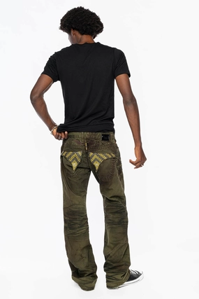 Couple Look Modern Outfit Plan MENS LONG FLAP  BOOT CUT JEANS WITH  CRYSTALS IN FASHION VINTAGE GREEN