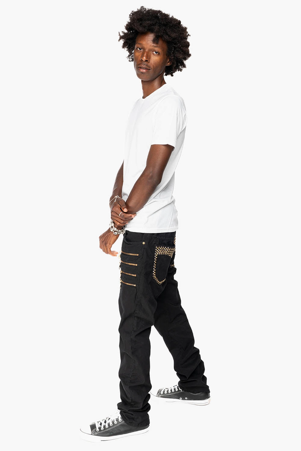 MENS MOTORCYCLE ZIPPER SLIM JEANS IN BLACK WITH STUDS AND CRYSTALS Great Base