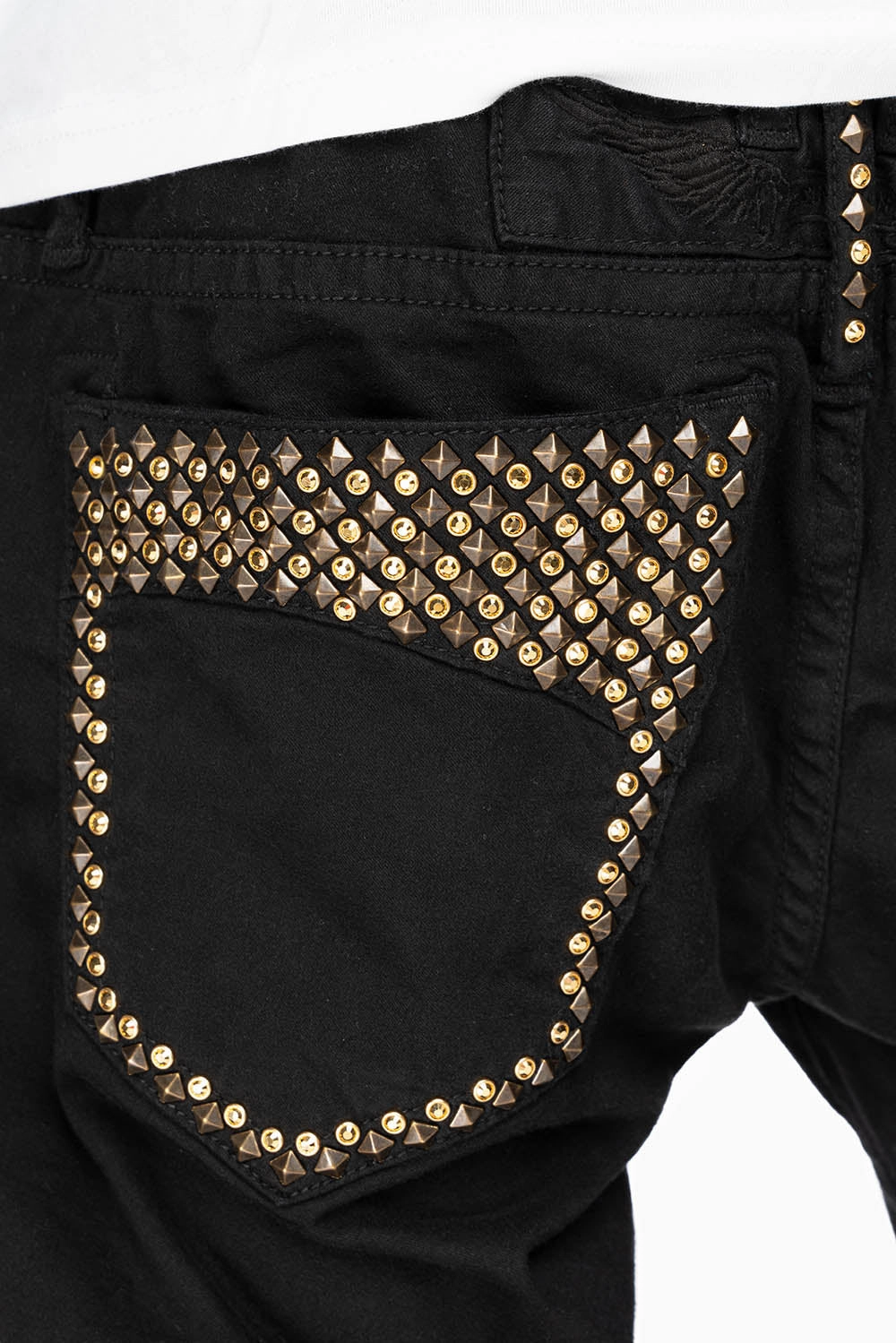 Flex Look MENS MOTORCYCLE ZIPPER SLIM JEANS IN BLACK WITH STUDS AND CRYSTALS