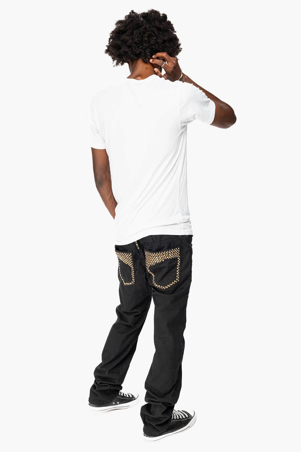 Modern Spring Mood MENS MOTORCYCLE ZIPPER SLIM JEANS IN BLACK WITH STUDS AND CRYSTALS