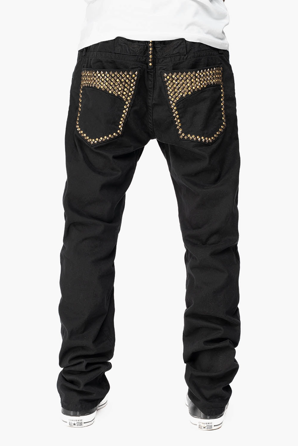 MENS MOTORCYCLE ZIPPER SLIM JEANS IN BLACK WITH STUDS AND CRYSTALS Smart Utility Smart Tailoring