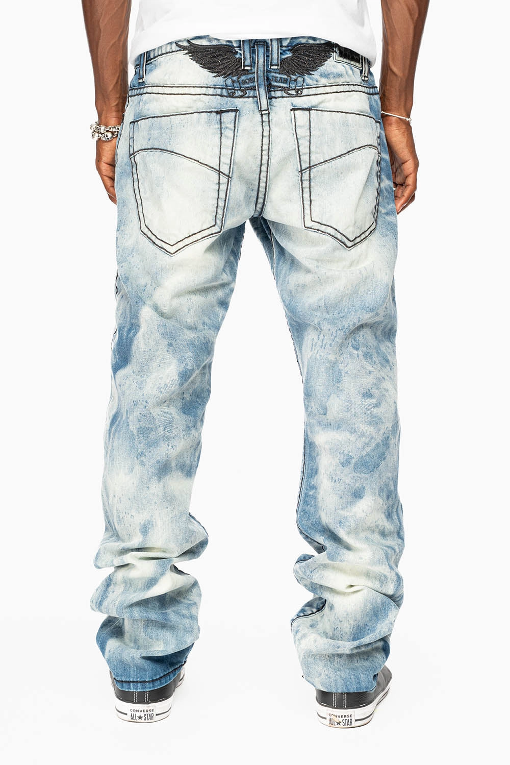 MENS SLIM FIT JEANS IN CHEROKEE DARK WASH WITH HEAVY STITCHING AND BLK EMBROIDERED WINGS Smart Casual Neutral