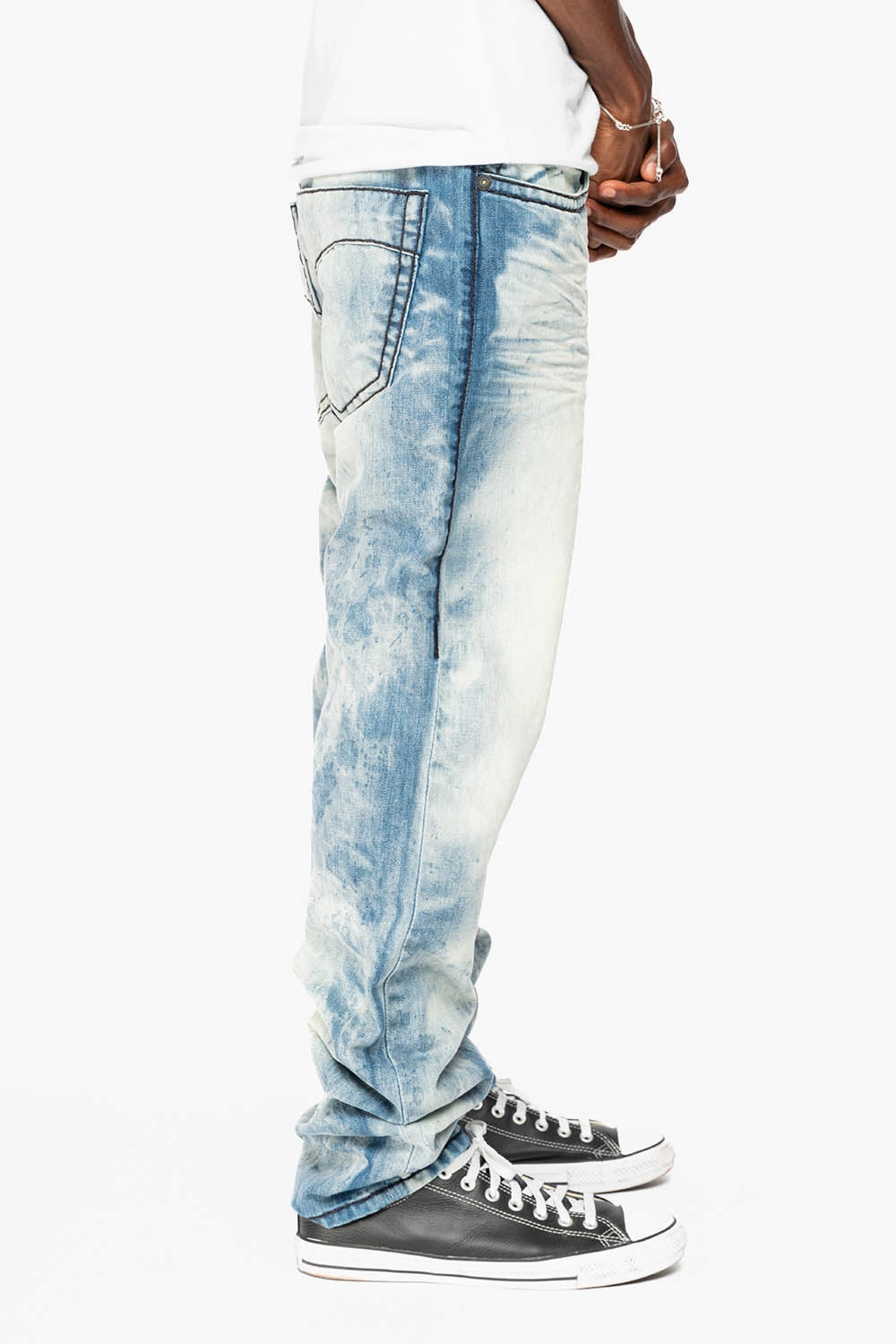 MENS SLIM FIT JEANS IN CHEROKEE DARK WASH WITH HEAVY STITCHING AND BLK EMBROIDERED WINGS Stone Wash Finish Daily Driven