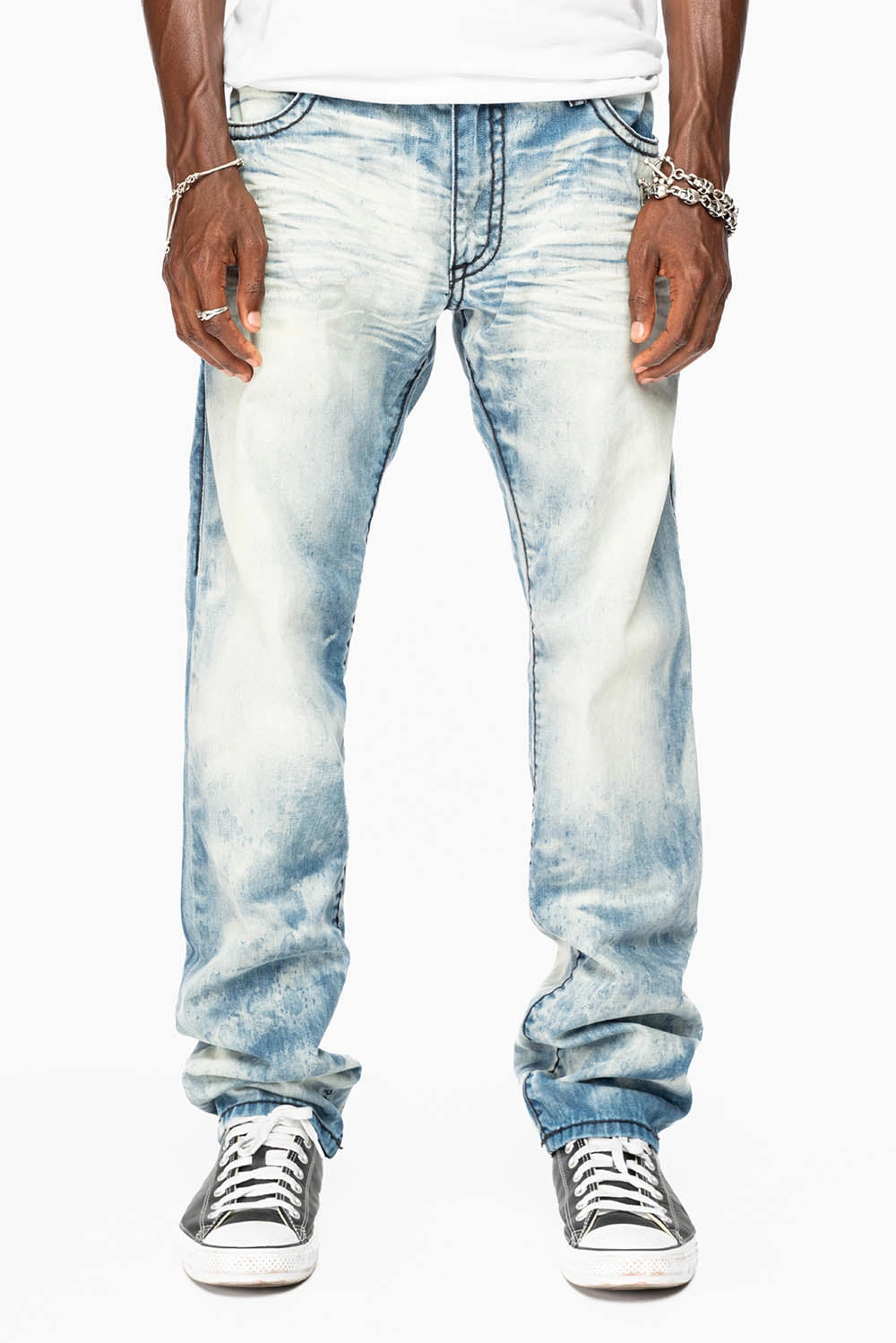 Winter Fashion Wear Anytime MENS SLIM FIT JEANS IN CHEROKEE DARK WASH WITH HEAVY STITCHING AND BLK EMBROIDERED WINGS