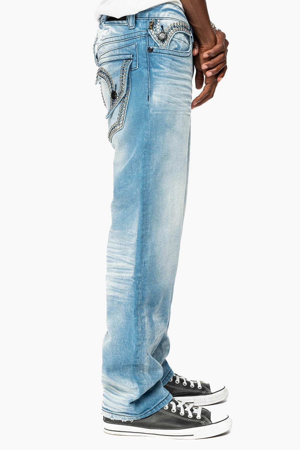 Casual Friday Versatile MENS STRAIGHT LEG JEAN IN OMAHA LIGHT BLUE WASH EMBELLISHED WITH CLEAR AND SAPPHIRE  CRYSTALS