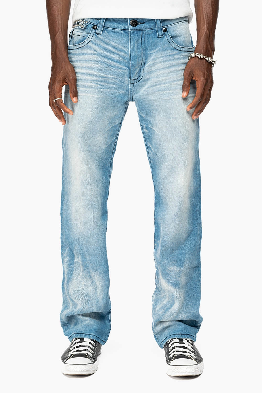 Must Have Wear MENS STRAIGHT LEG JEAN IN OMAHA LIGHT BLUE WASH EMBELLISHED WITH CLEAR AND SAPPHIRE  CRYSTALS
