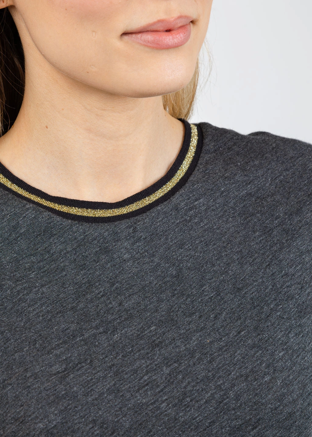 Tall Length Smooth Texture Metallic Gold Tipped Ringer Tee - Charcoal Heather