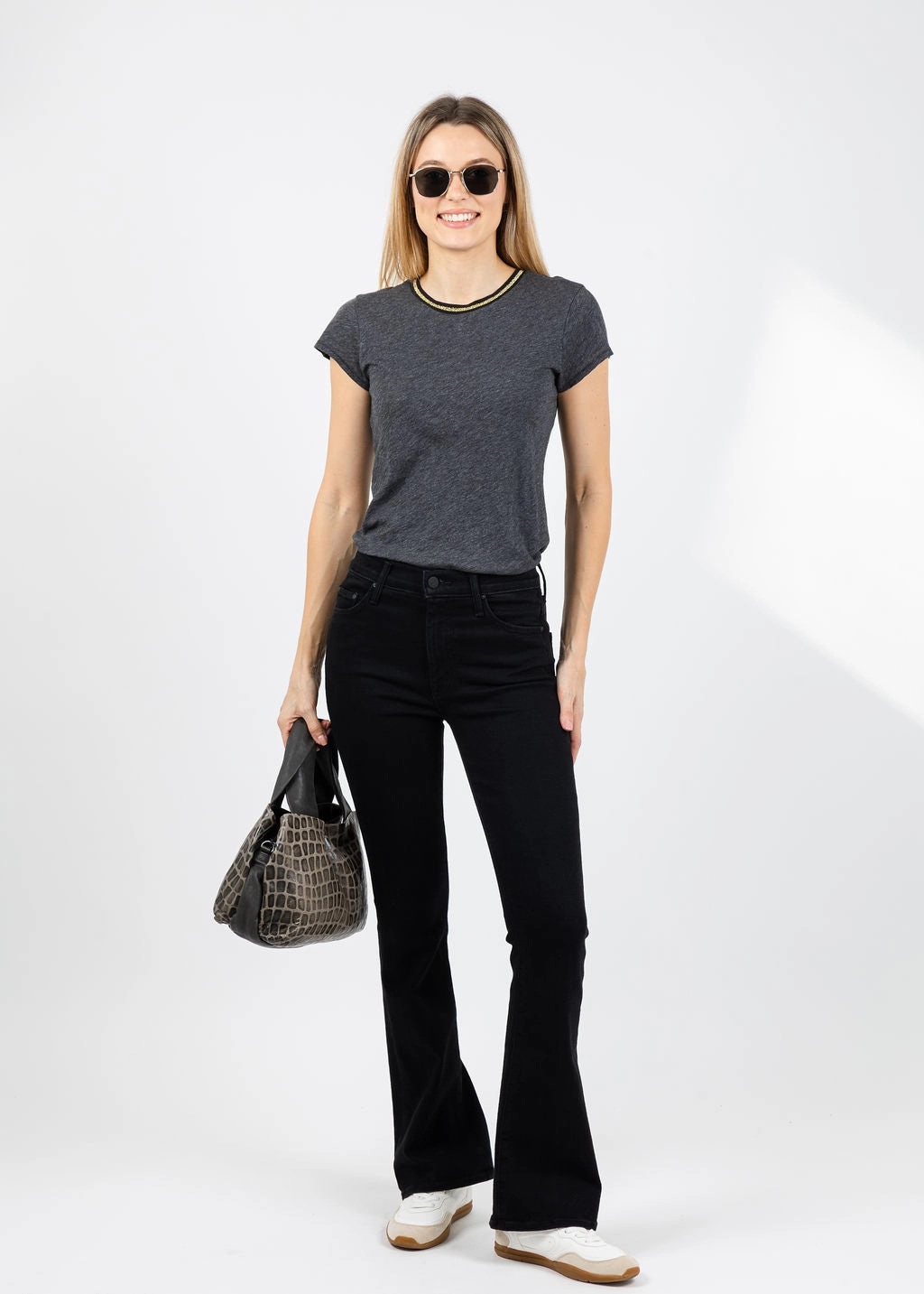 Metallic Gold Tipped Ringer Tee - Charcoal Heather Breathable Style Brunch Outfit