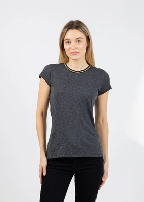 Versatile Piece Polished Placket Metallic Gold Tipped Ringer Tee - Charcoal Heather