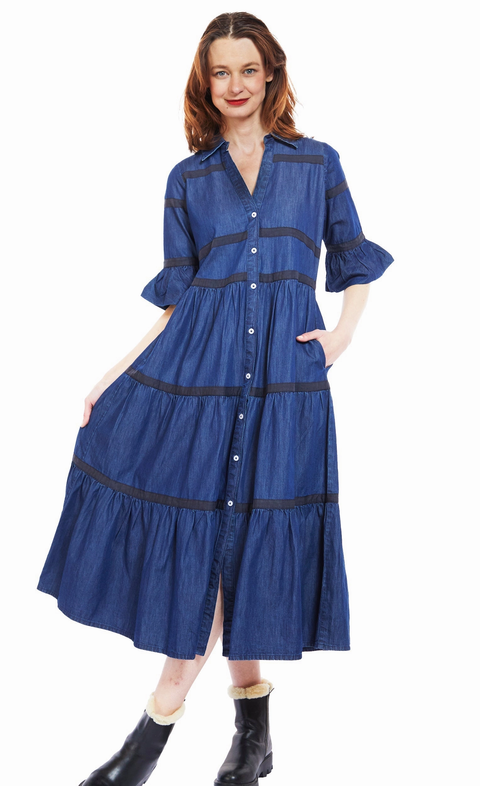 Timeless Waist Miami Midi Dress - Denim With Black Ribbon Trim