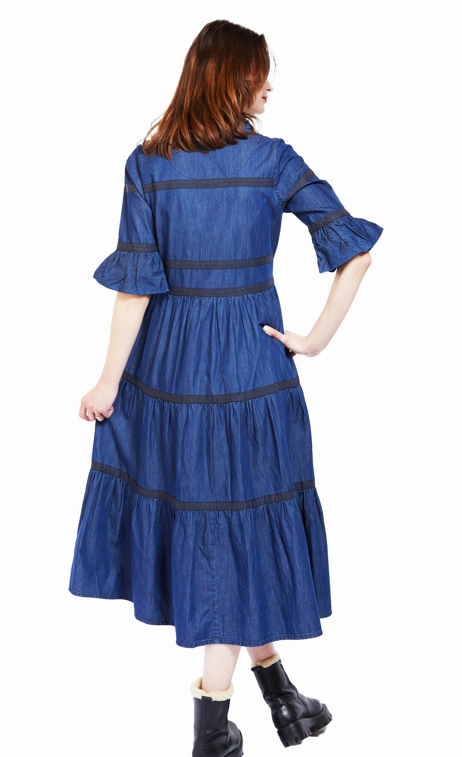 Classic Vibe Formal Aura Miami Midi Dress - Denim With Black Ribbon Trim