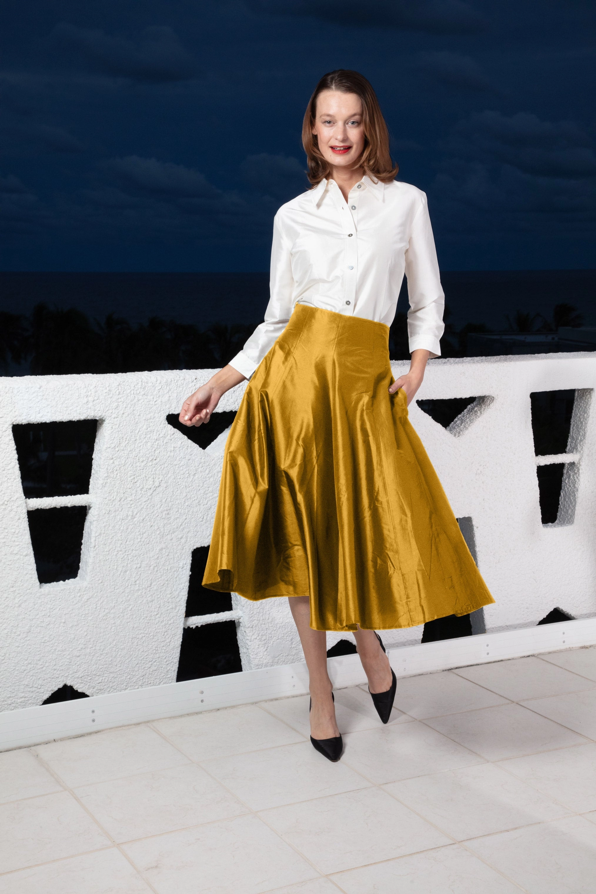 Outfit Moodset Drawstring closure Mid-Calf Silk Skirt - Gold