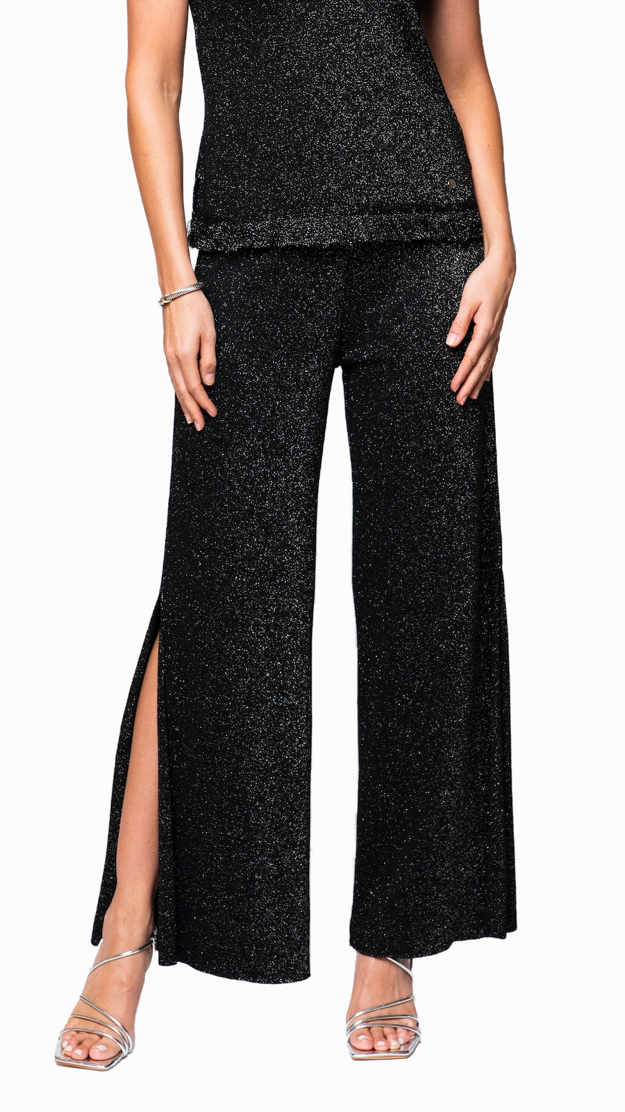 Thalia Wide Leg Shimmery Pant with a Slit - Black Shimmer StretchMaterial