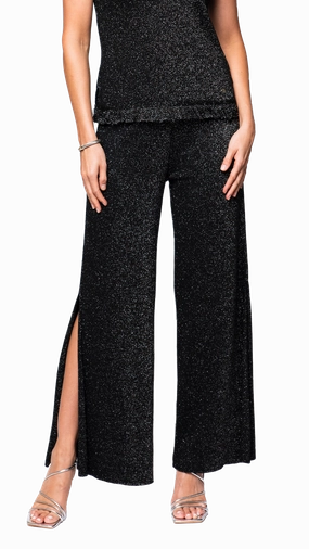 Thalia Wide Leg Shimmery Pant with a Slit - Black Shimmer StretchMaterial