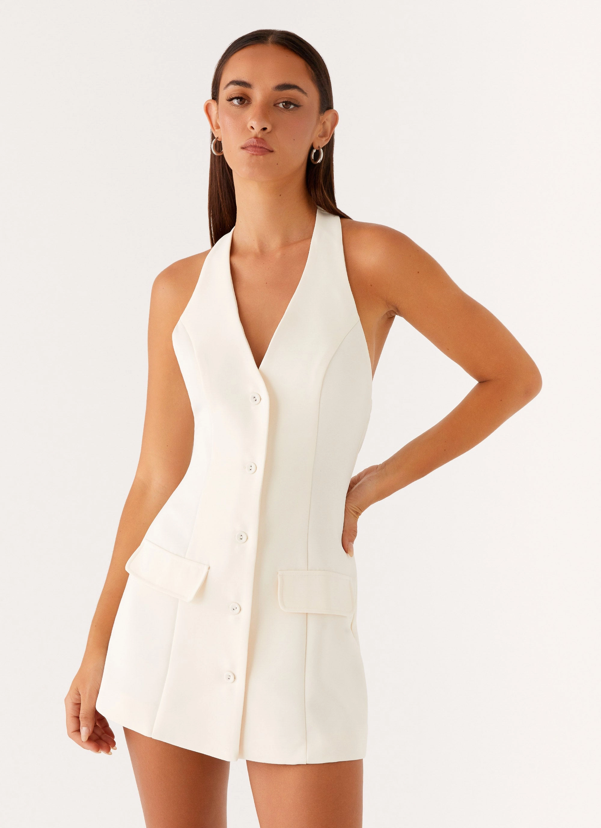 Mira Halter Neck Mini Dress - Ivory Ruched-Detail Summer Ease