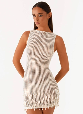 Miracle Beaded Crochet Mini Dress - Ivory Cool Fabric Refined Line