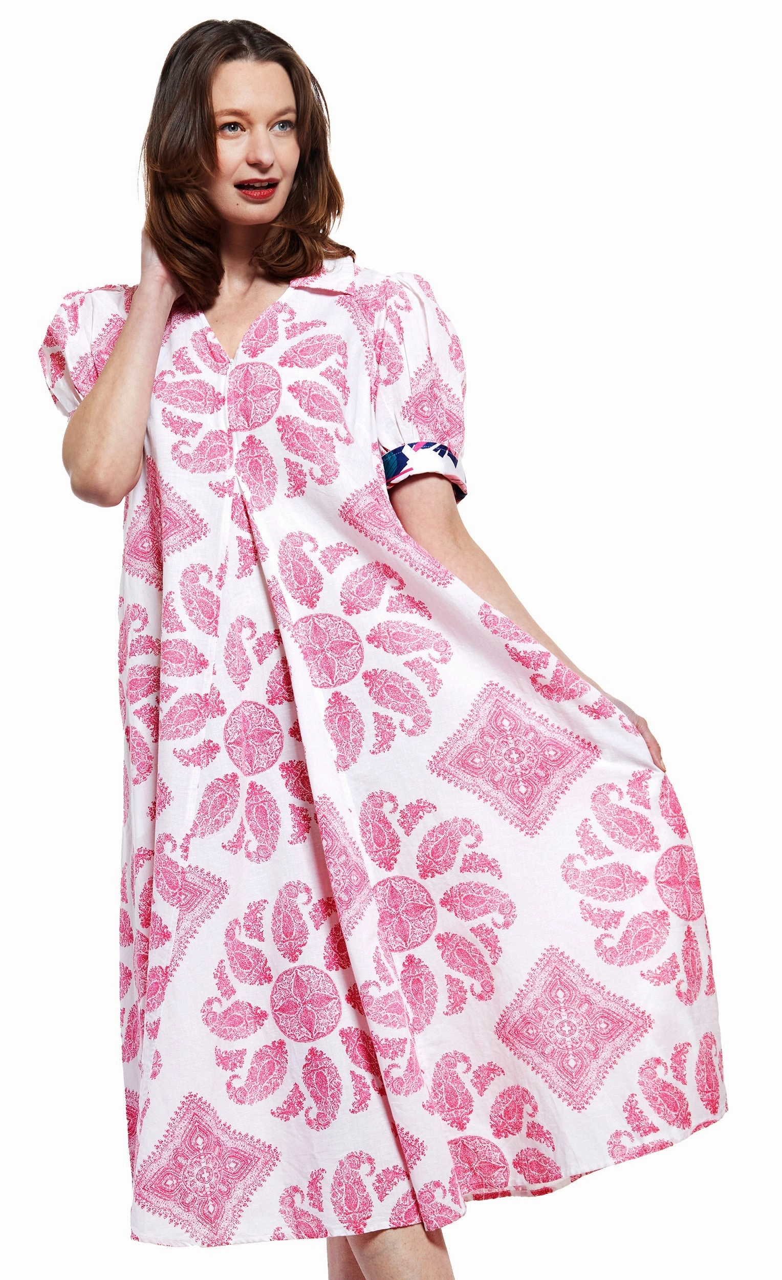 Montauk Dress - Pink White Paisley Textured Flow Decorative-Design